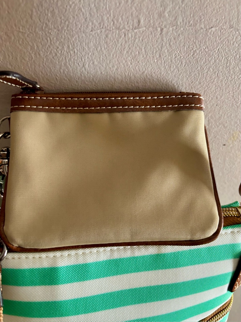 Dooney & Bourke Mint Green and White Striped Crossbody with Tan Leather Trim - Picture 6 of 11